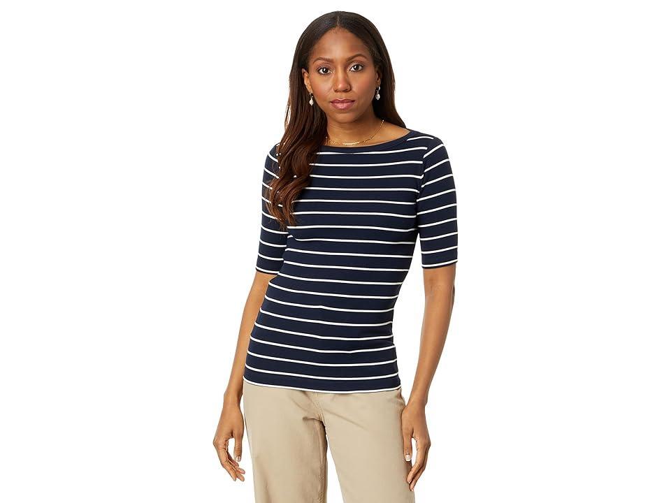 NIC+ZOE Wide Stripe Rib Knit Boatneck Tee (Indigo Multi) Women's Clothing Product Image