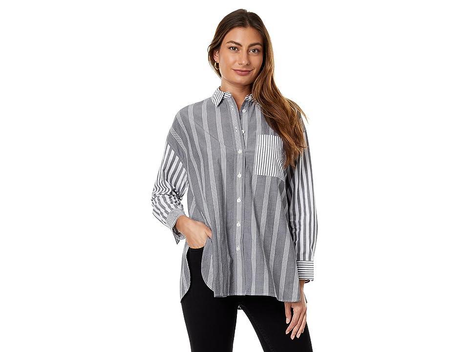 Madewell The Signature Poplin Oversized Shirt in Stripe (Bayside Stripe Black Coal) Women's Clothing Product Image