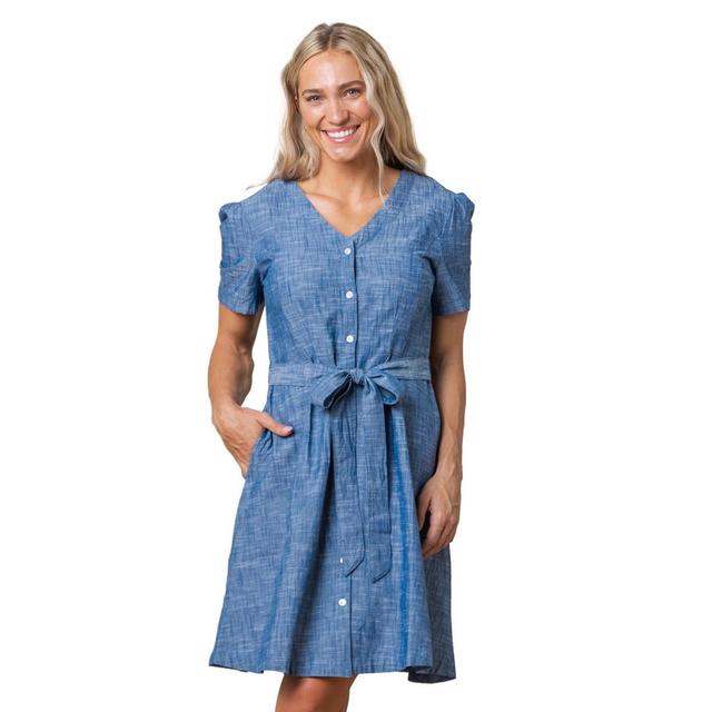 Hope & Henry Womens Short Sleeve Button Front Chambray Dress with Waist Sash Product Image