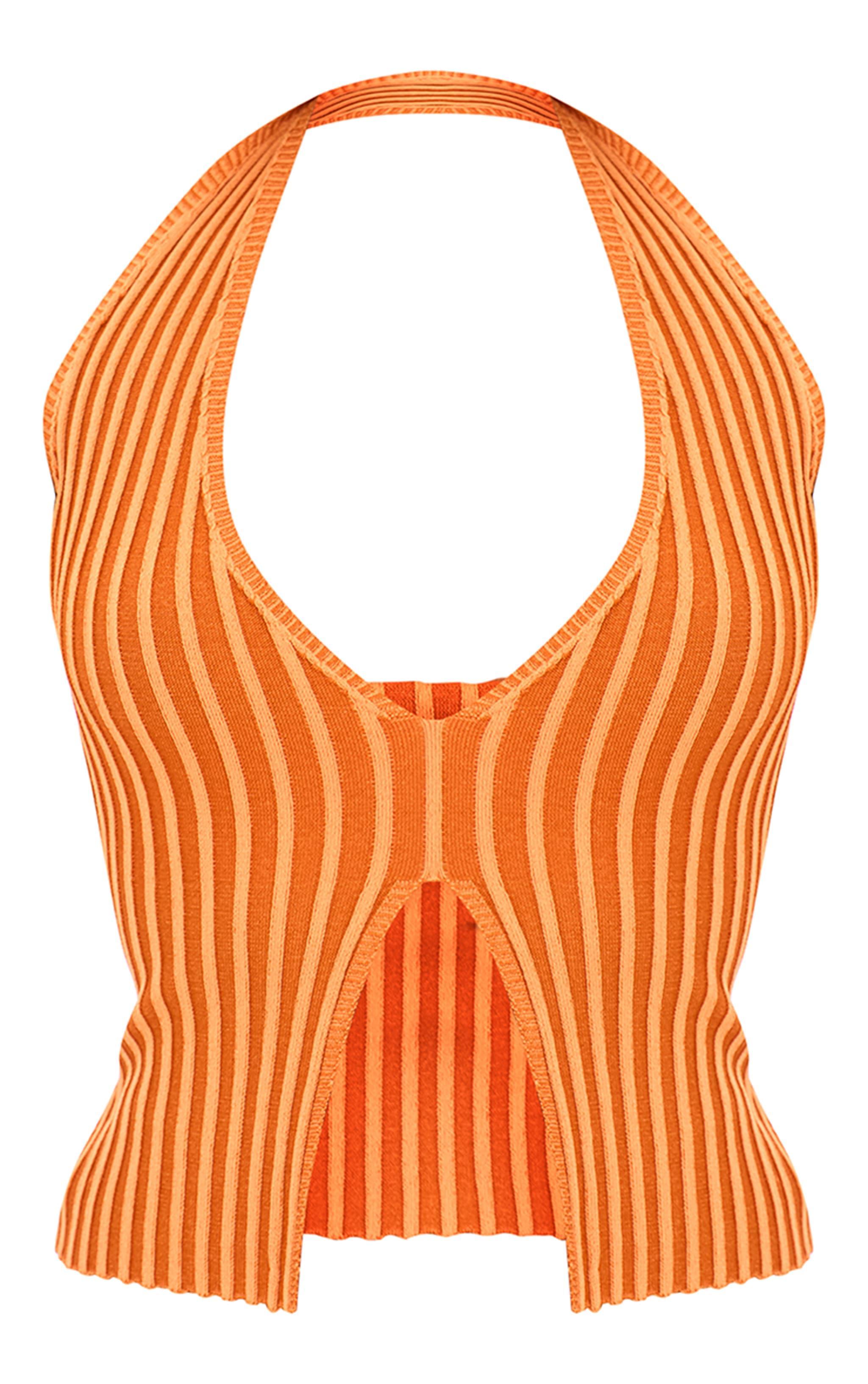 Rust Two Tone Knit Halter Neck Split Top Product Image