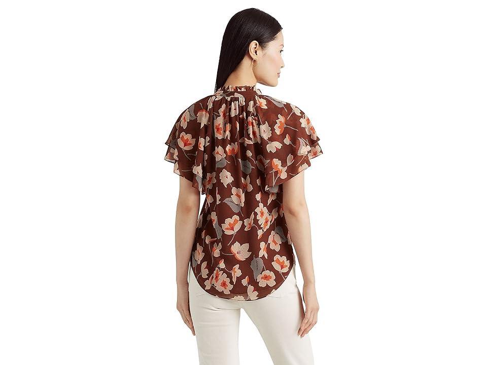 Lauren Ralph Lauren Floral Crinkle Georgette Tie Neck Blouse (Maroon/Orange/Cream) Women's Clothing Product Image