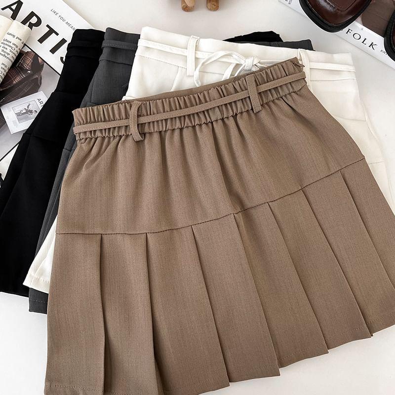 High Rise Plain Pleated Mini A-Line Skirt Product Image