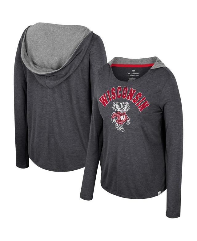 Womens Colosseum Black Wisconsin Badgers Distressed Heather Long Sleeve Hoodie T-shirt Product Image