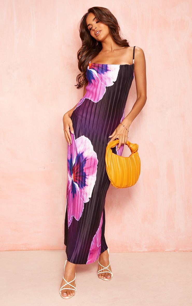 Purple Floral Print Plisse Cowl Neck Maxi Dress Product Image