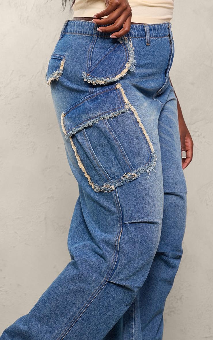 Plus Indigo Blue Wash Frayed Pocket Detail Wide Cargo Leg Jeans Product Image