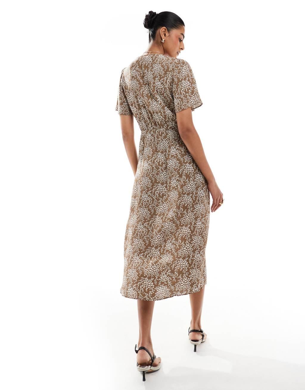 & Other Stories linen blend midaxi dress with ruched bodice detail and tiered hem in floral print Product Image