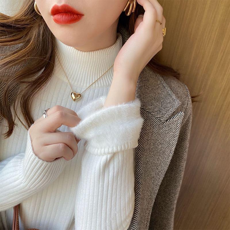 Long-Sleeve Mock Neck Plain Fleece-Lined Knit Top Product Image