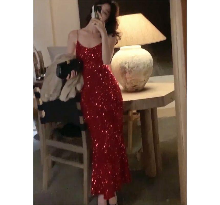 Spaghetti Strap Sequin Midi Mermaid Dress Product Image