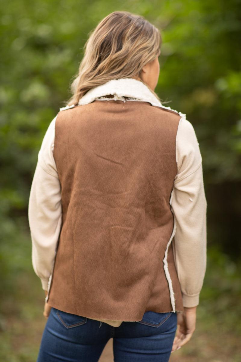 Brown Faux Suede Sherpa Lined Vest Product Image