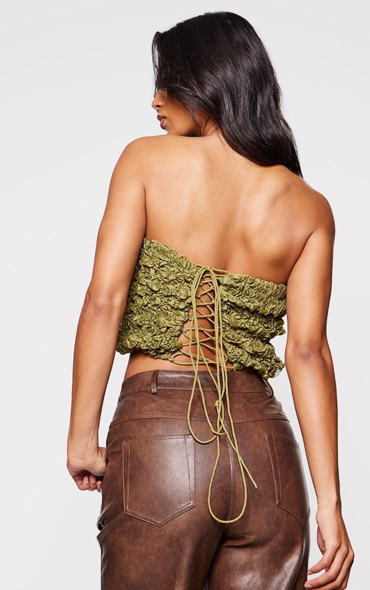 Khaki Textured Cropped Lace Back Bandeau Product Image