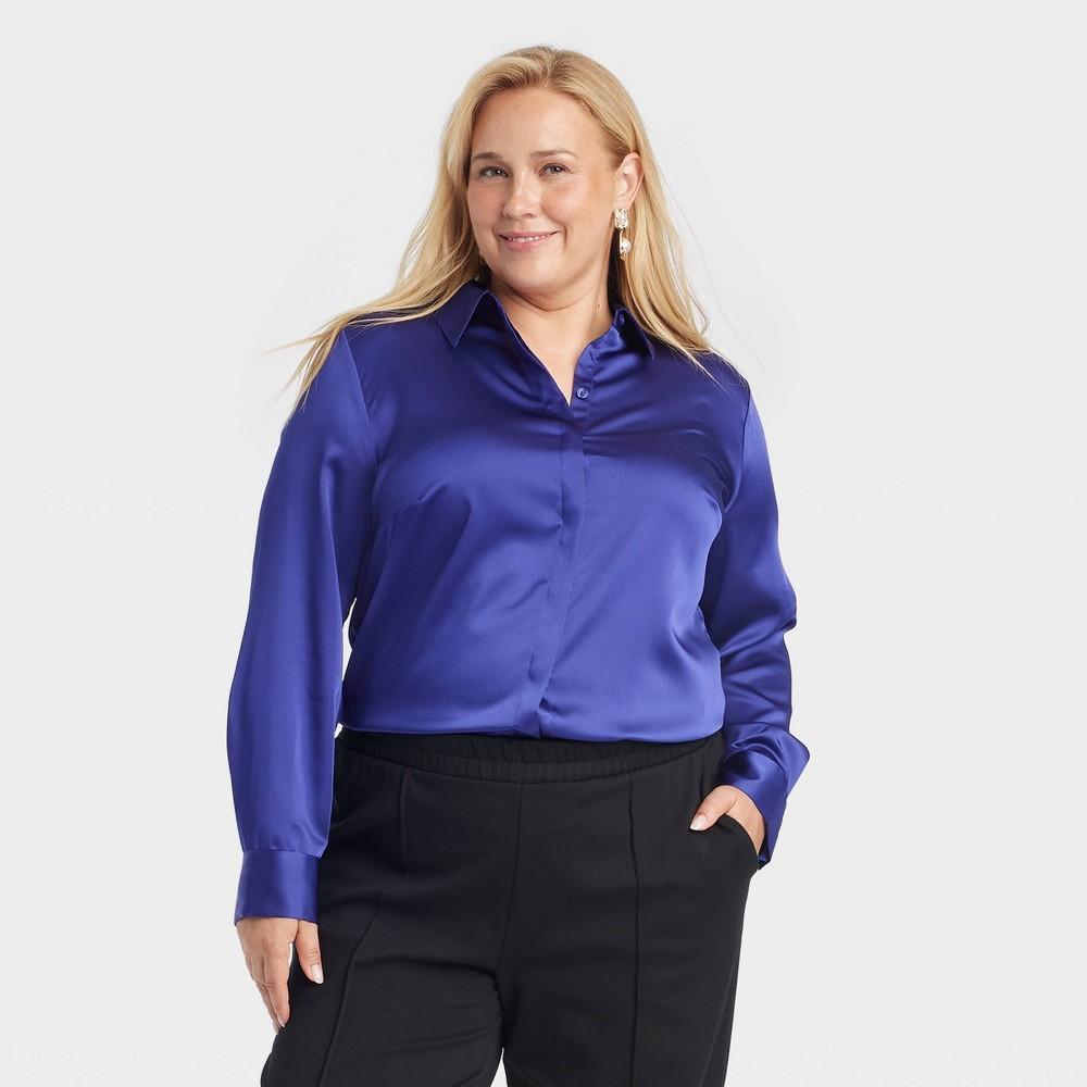 Womens Long Sleeve Satin Button-Down Shirt - A New Day Blue XXL Product Image