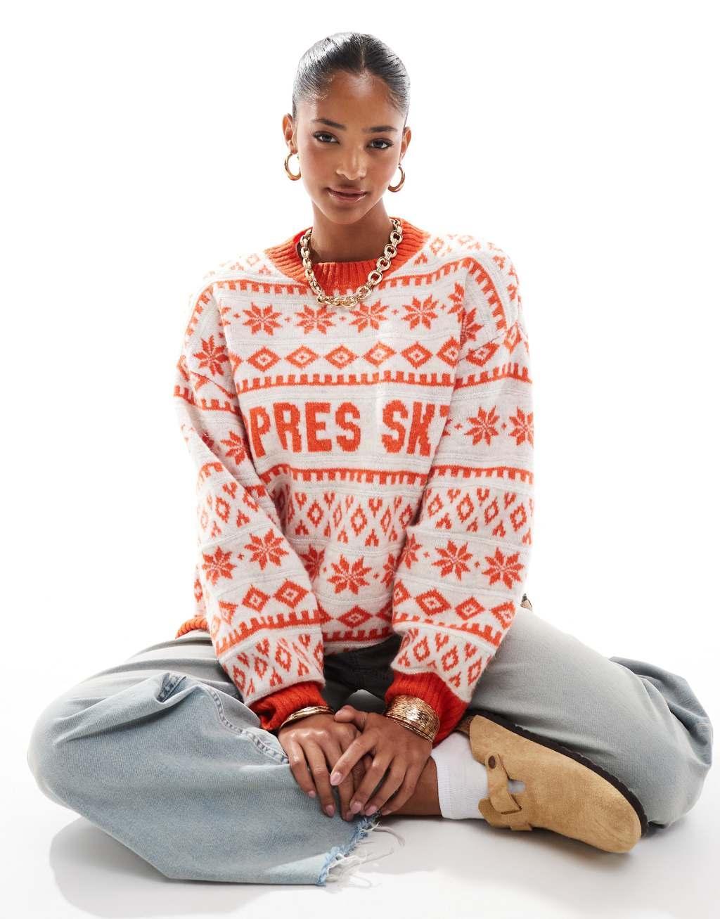 ASOS DESIGN oversized crew neck apres ski sweater with fairisle pattern in red product image