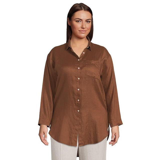 Plus Size Lands End Linen Long Sleeve Relaxed Tunic Top, Womens White Product Image