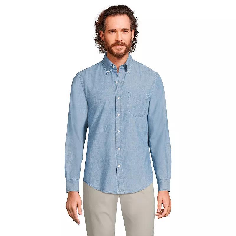 Mens Lands End Button-Down Traditional Fit Chambray Shirt Blue Chambray Product Image