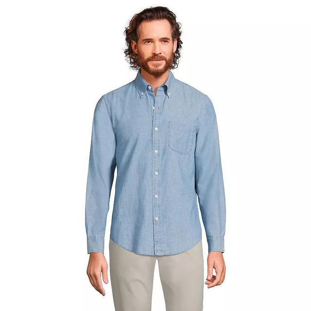 Mens Lands End Button-Down Traditional Fit Chambray Shirt Blue Chambray Product Image