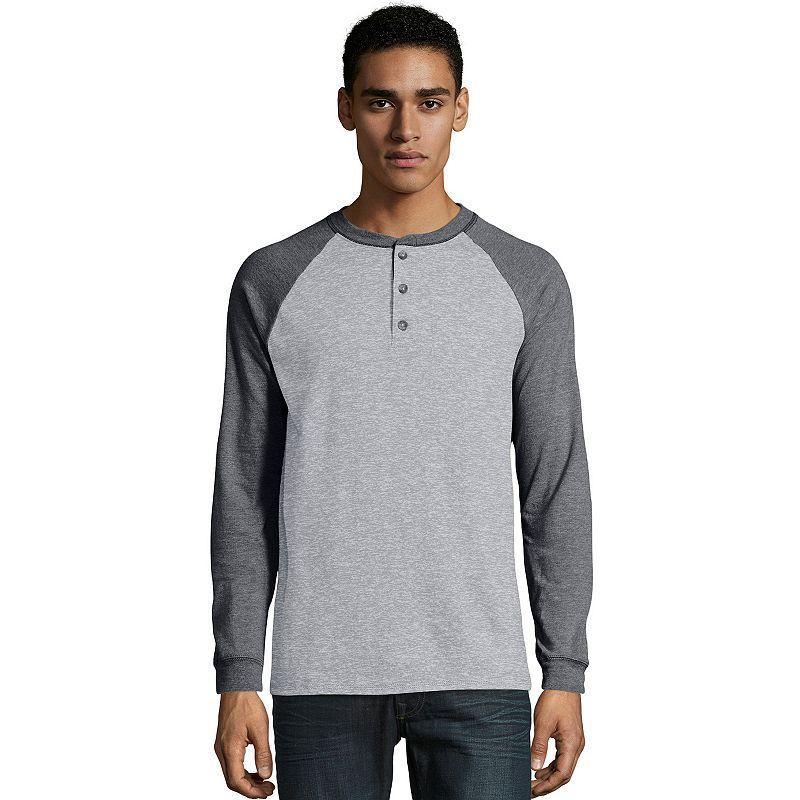 Mens Hanes Beefy Heavyweight Colorblock Raglan Henley Oxford Gray Grey Product Image