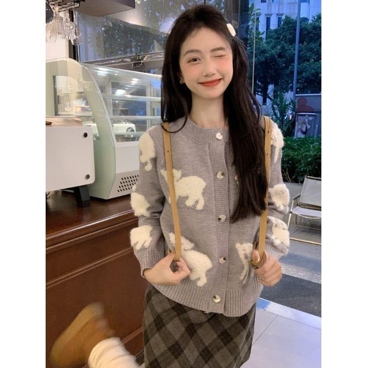 Crew Neck Sheep Jacquard Button-Up Cardigan Product Image