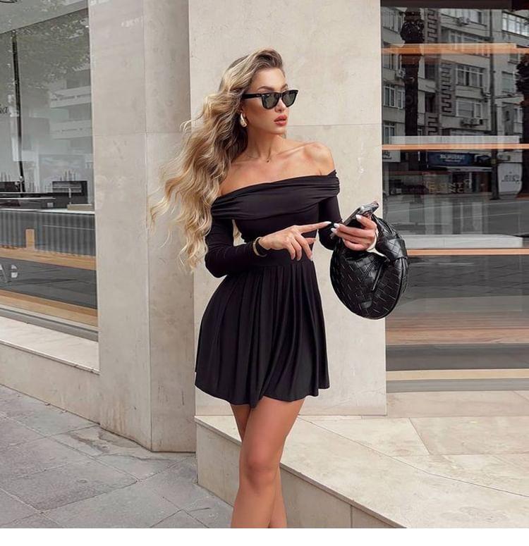 Long-Sleeve Off-Shoulder Mini A-Line Dress Product Image