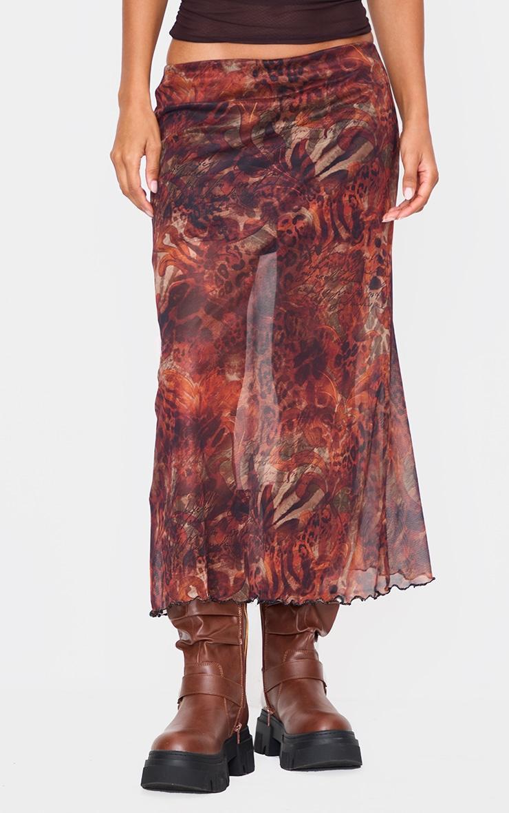 Brown Leopard Print Asymmetric Hem Mesh Midi Skirt Product Image