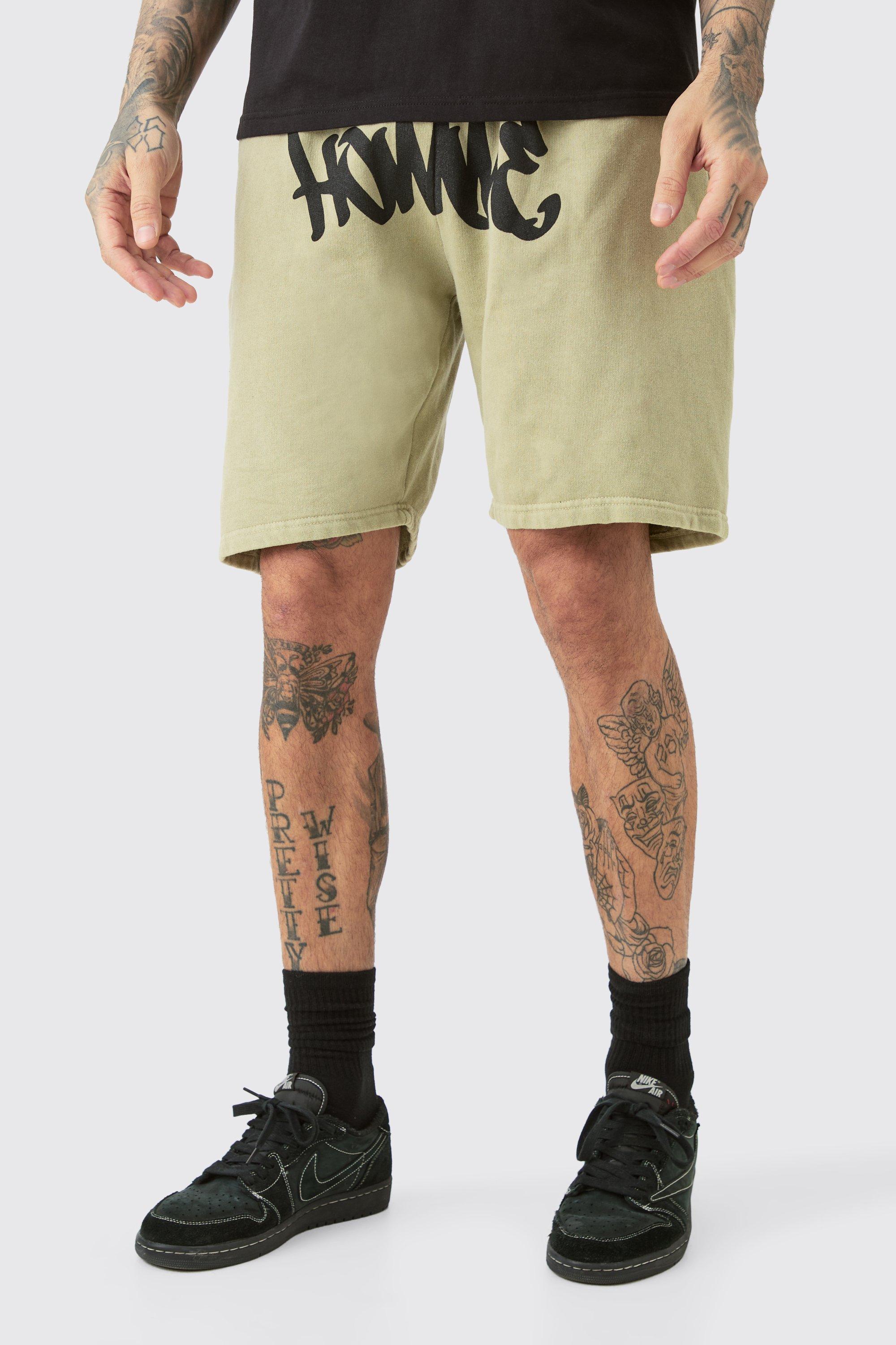 Tall Loose Fit Overdye Homme Graffiti Sweat Shorts | boohooMAN USA Product Image