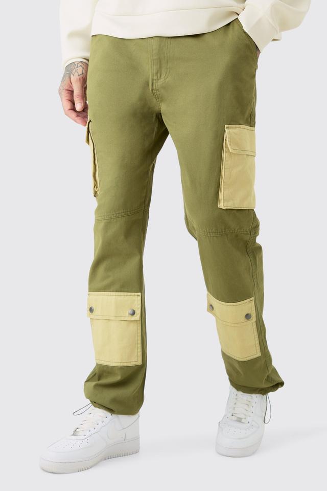 Mens Green Tall Fixed Waist Washed Twill Straight Leg Cargo Trouser, Green Product Image