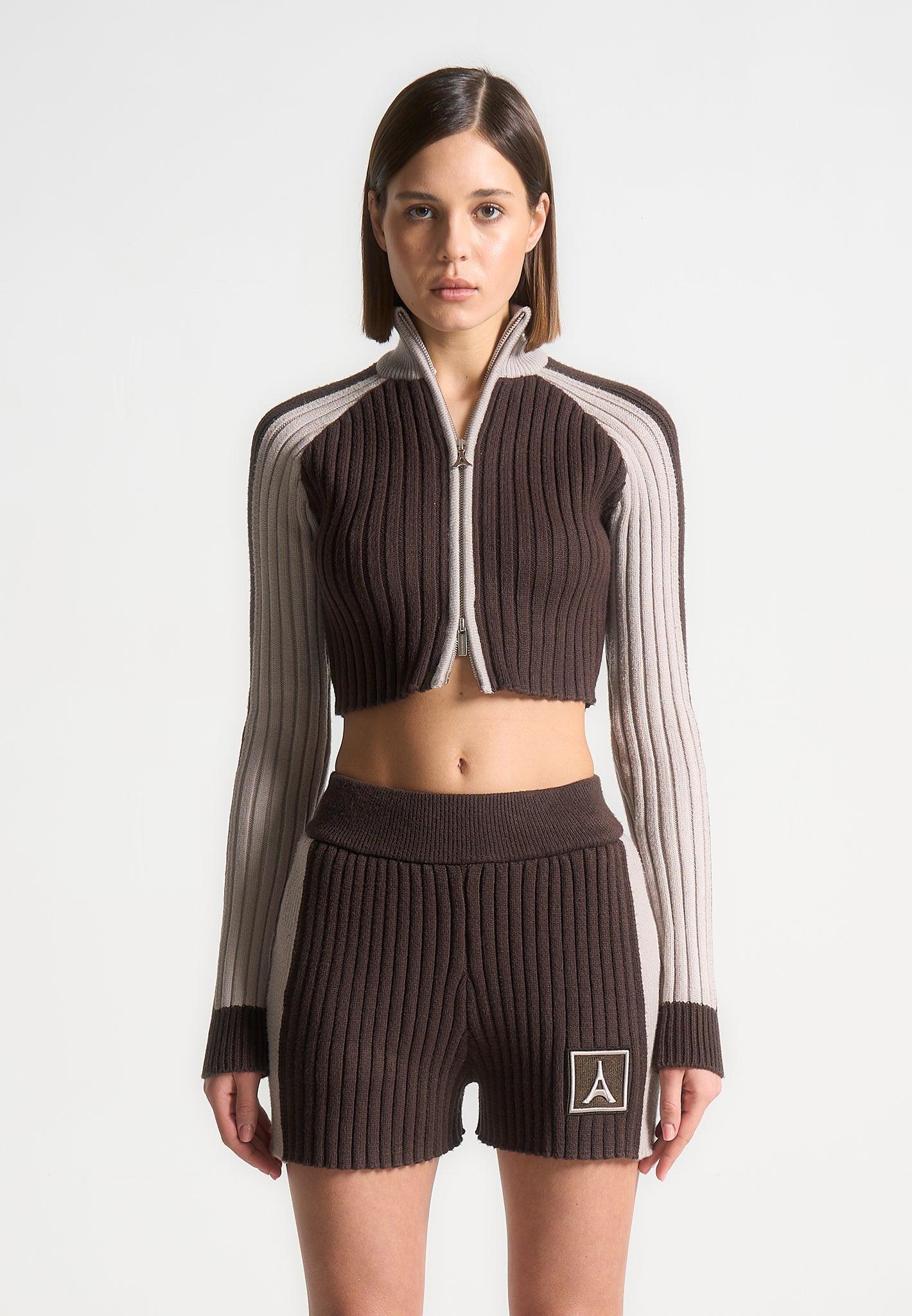 Rib Knit Track Jacket - Brown/Beige Female Product Image