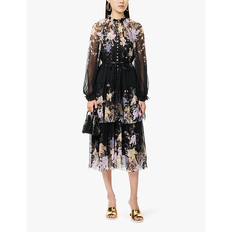 Womens Iris Sherbet Eden Tiered Floral-print Woven Midi Dress In Schwarz Product Image