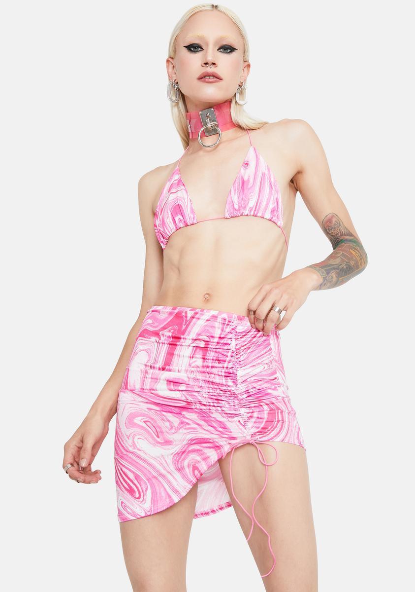 Swirl Tie Bikini Top Ruched Mini Skirt - Pink Product Image