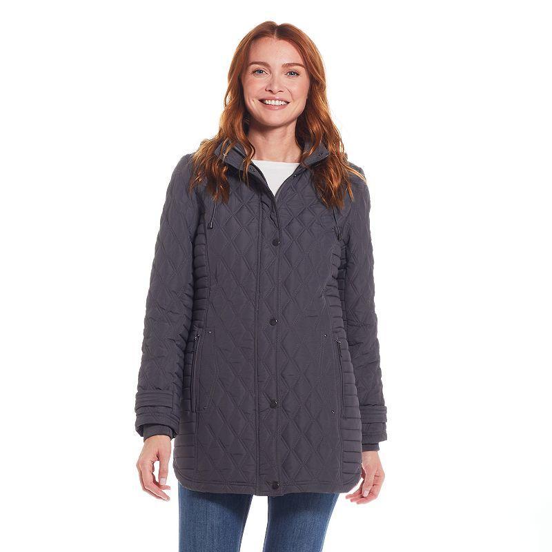 Womens Weathercast Ribbed Knit Quilted Hooded Walker Jacket Grey Product Image