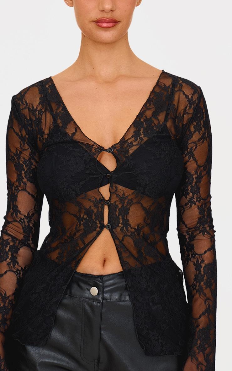 Black Lace Button Flare Sleeve Shirt Product Image