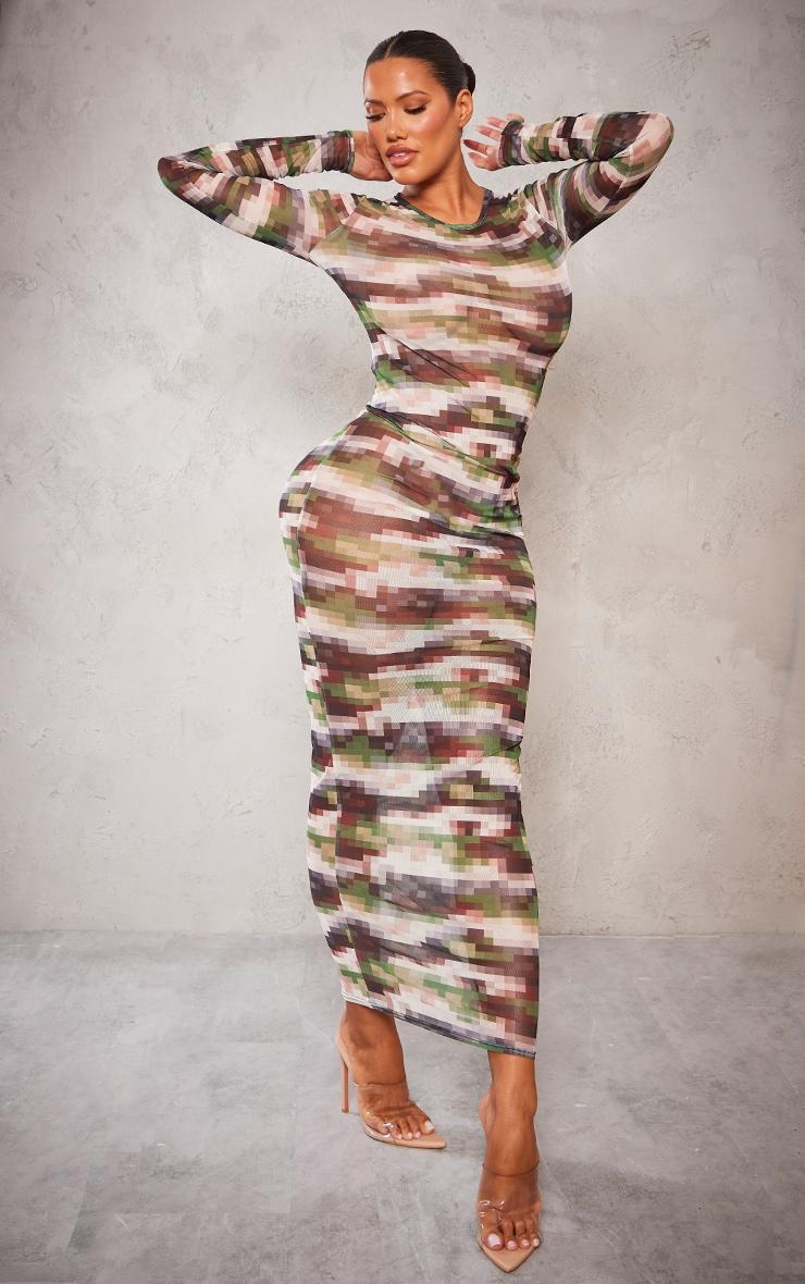  Shape Green Pixel Camo Print Long Sleeve Maxi Dress Product Image