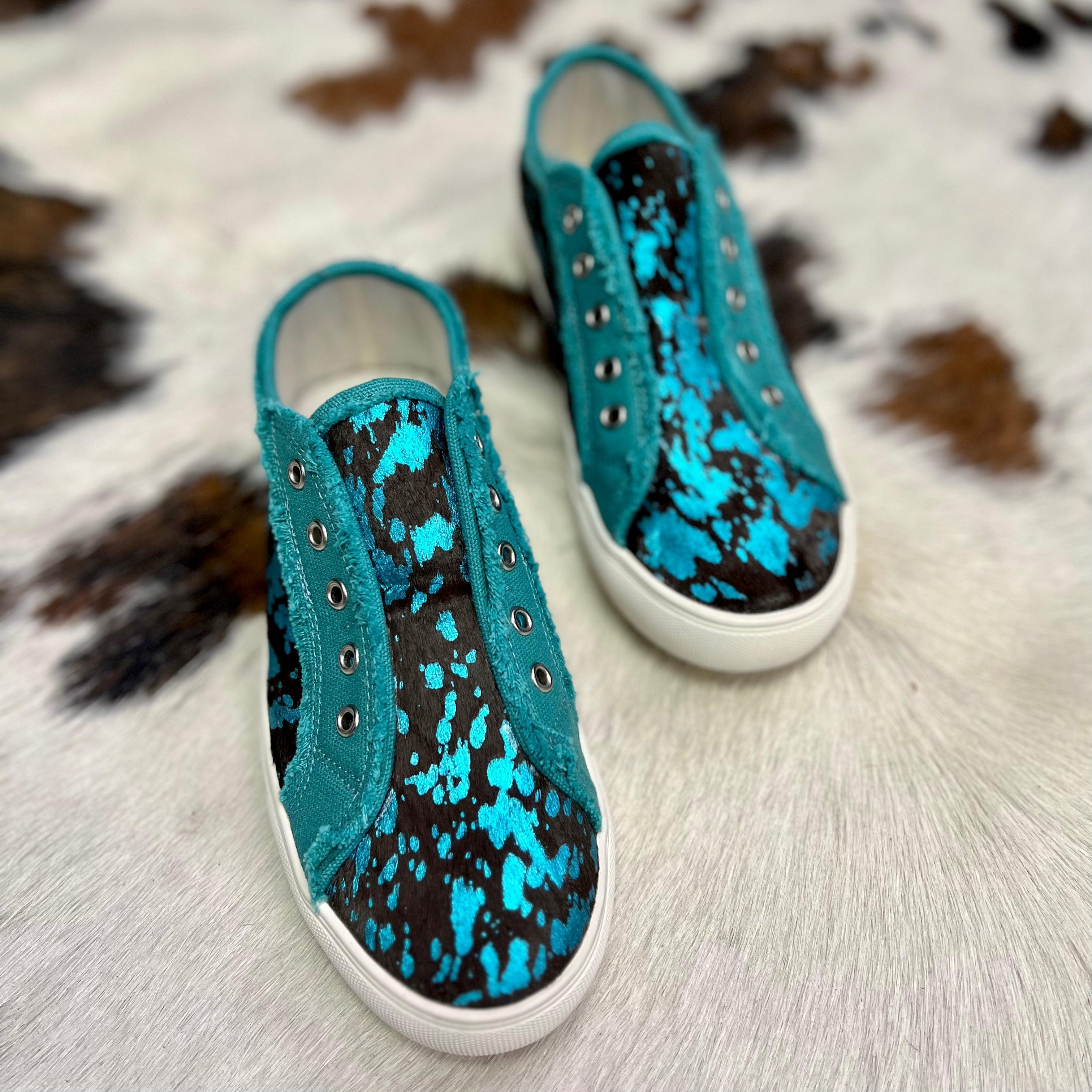 Montana West Turquoise Cow Print Sneakers Product Image