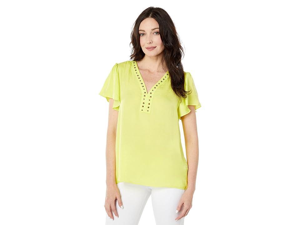 Vince Camuto Short Sleeve Embroidered V-Neck Rumple Blouse (Chartreuse) Women's Clothing Product Image