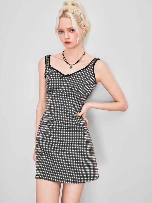 V-neck Check Bowknot Mini Dress Product Image