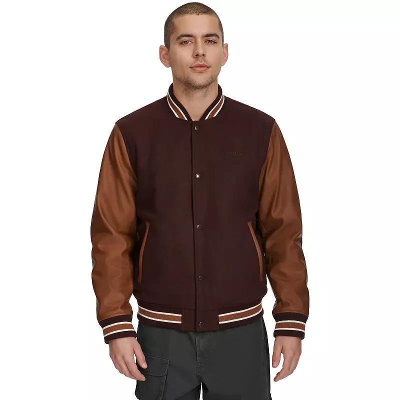 Mens Levis Mixed Media Letterman Bomber Jacket Dark Brown Product Image