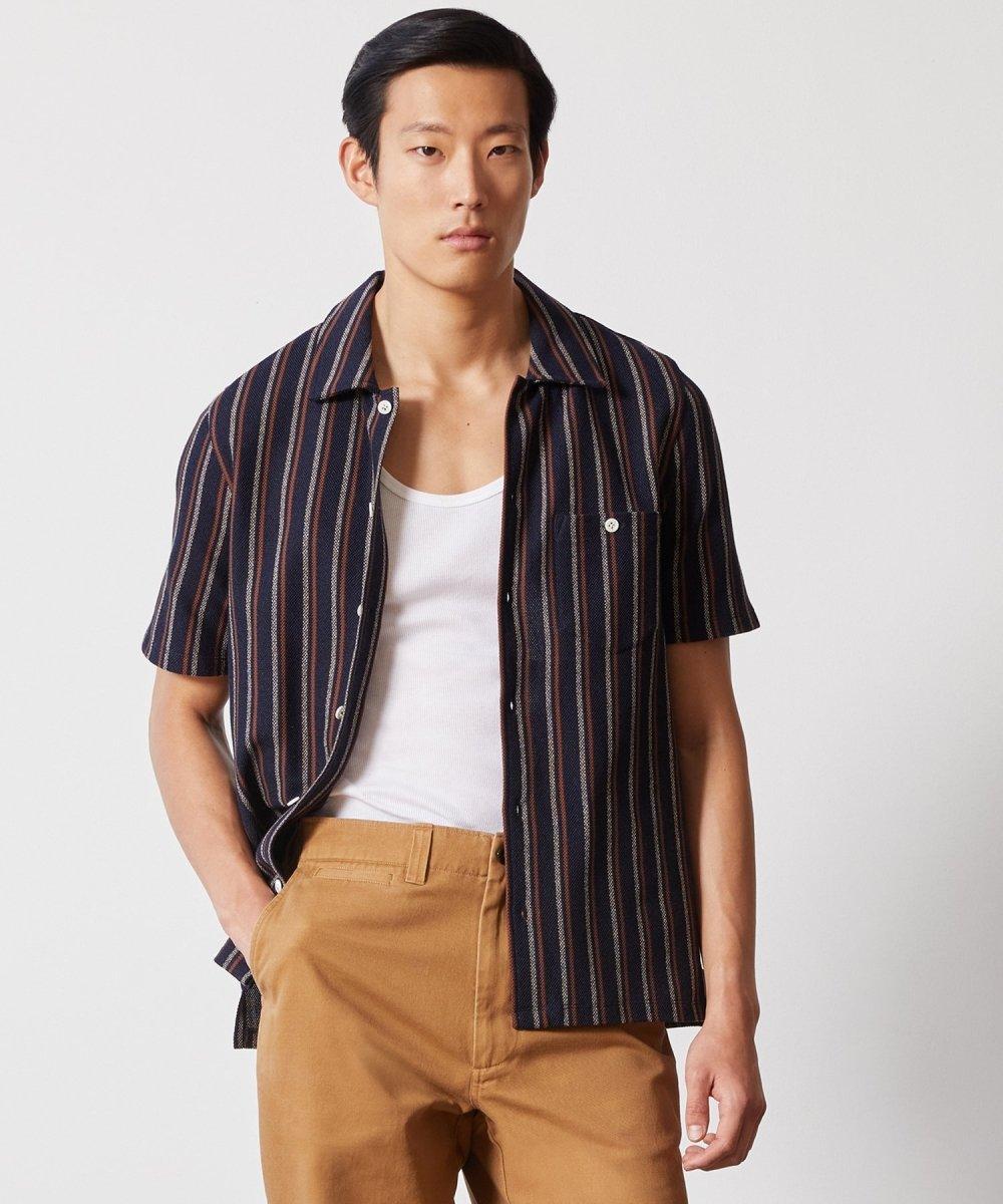 Vertical Stripe Full-Placket Knit Polo in Navy Product Image