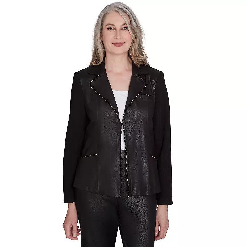 Womens Alfred Dunner Open Front Faux Leather Jacket with Knit Sleeves Product Image