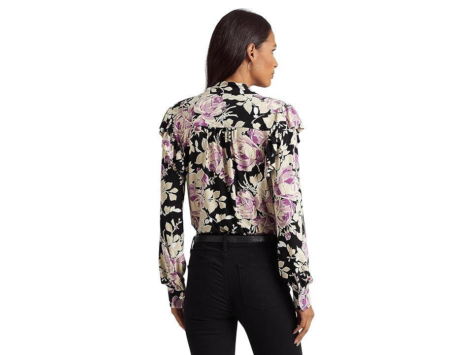 Lauren Ralph Lauren Floral Stretch Jersey Tie-Neck Top (Black/Lavender/Cream) Women's Clothing Product Image