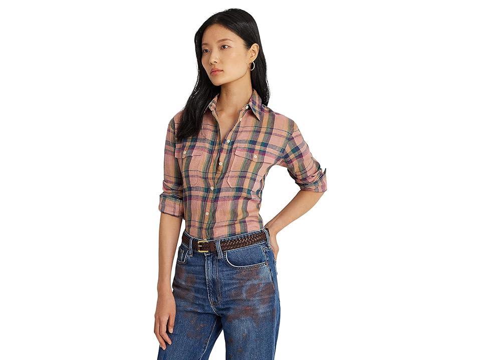 LAUREN Ralph Lauren Checked Plaid Linen Shirt (Pink/Blue ) Women's Clothing Product Image