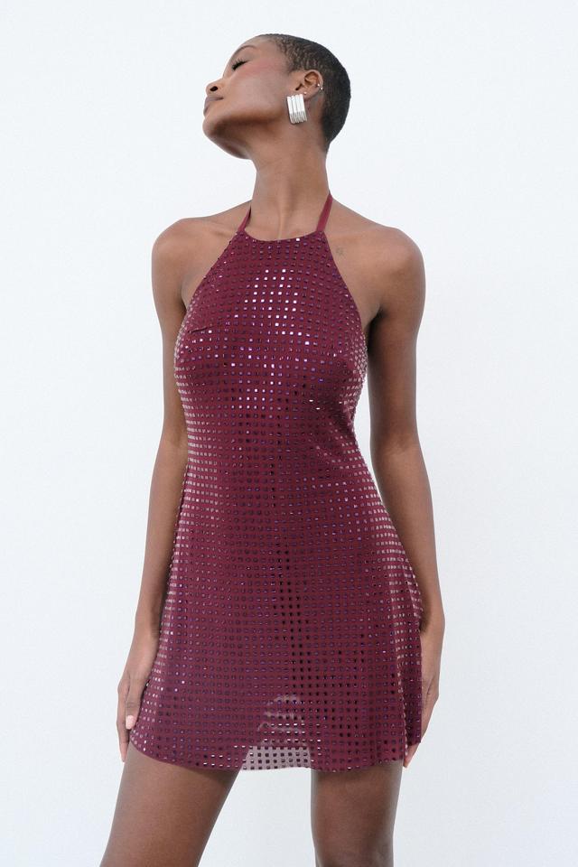 Dorothy Square Diamante Halter Mini Dress - Burgundy Product Image