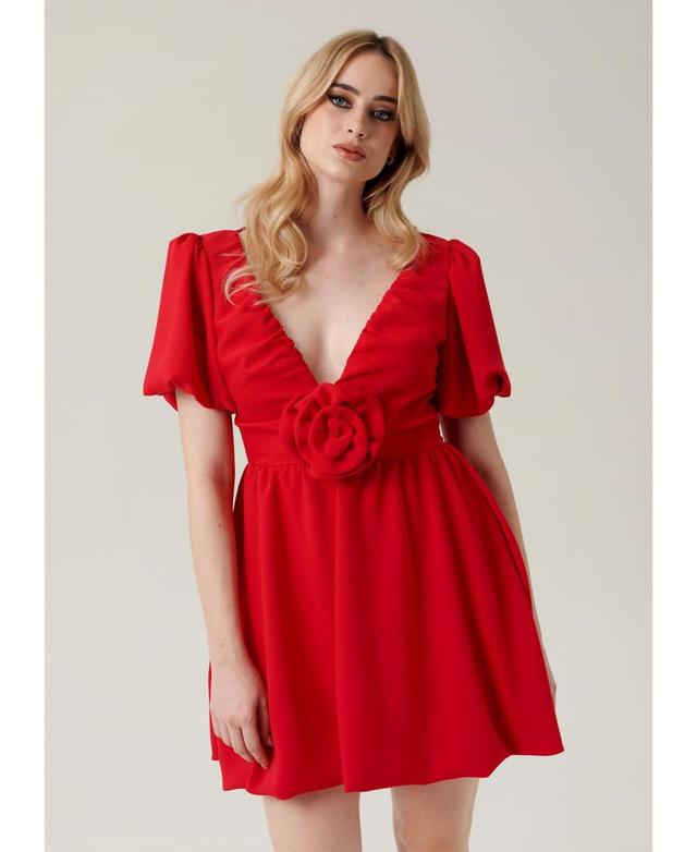 NanaS Womens Puffed Sleeve Mini Cocktail Dress with Rose Detail Product Image