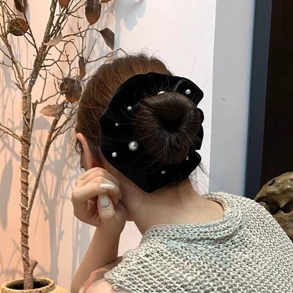 Velvet Faux Pearl Hair Scrunchie Product Image