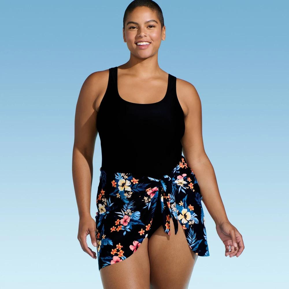 Lands End Womens One Piece Swimsuit with Faux Pareo - Black Product Image