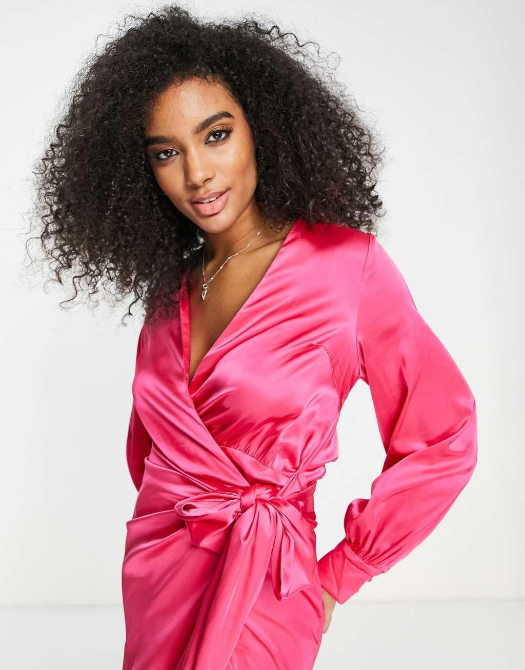 Never Fully Dressed satin wrap midi dress in fuchsia pink Product Image