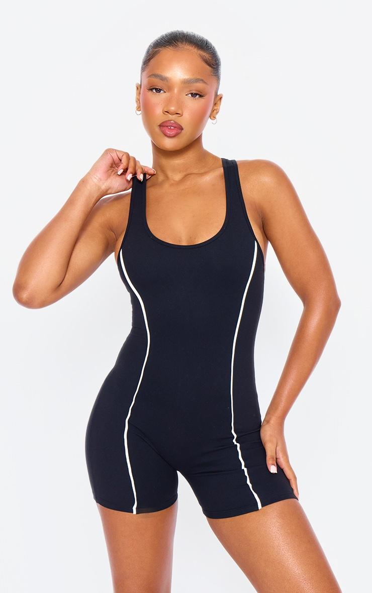 Black Snatched Sculpt Contrast Binding Scoop Neck Unitard Product Image