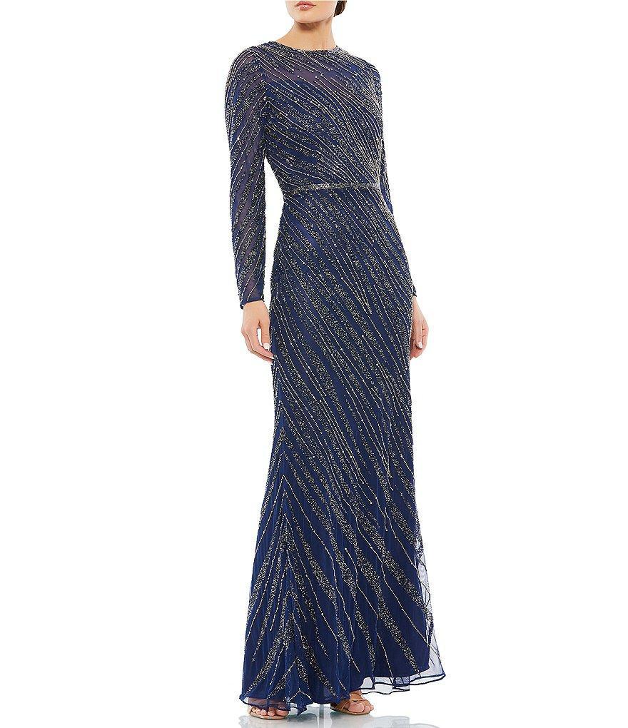 Mac Duggal Sequin Long Sleeve Crew Neck Embellished Sheath Gown Product Image