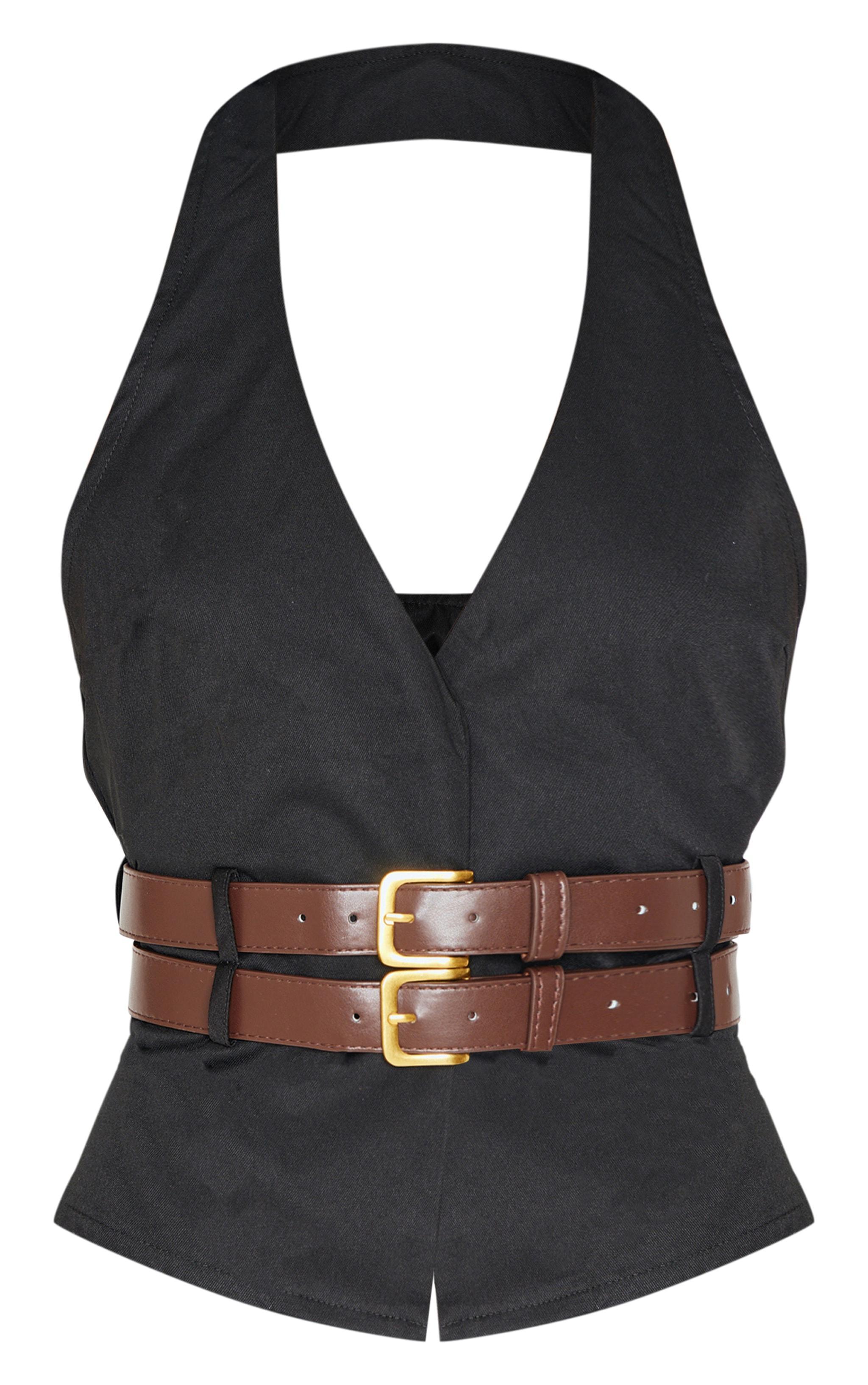 Black Halterneck Belt Detail Long Top Product Image