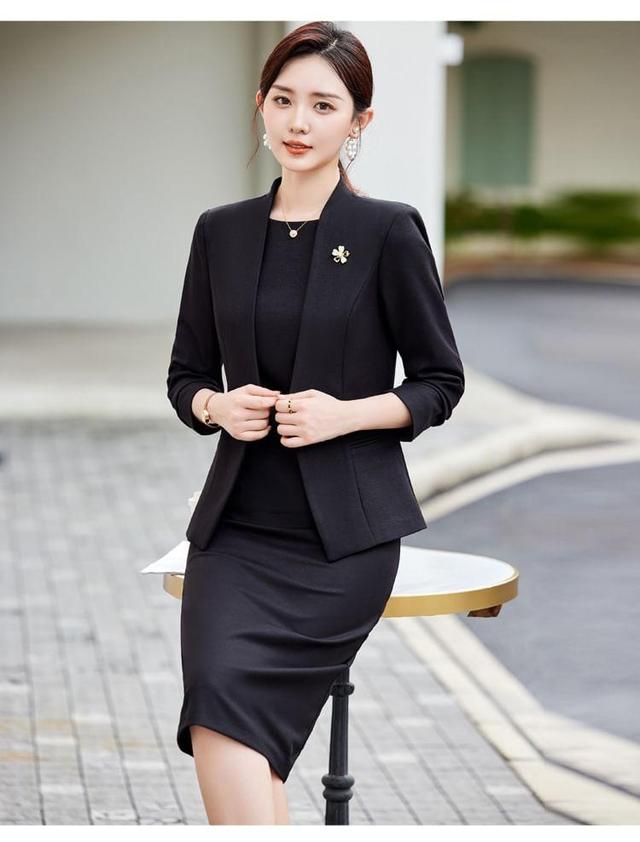 Collarless Plain Single Breasted Blazer / Sleeveless Crew Neck Plain Midi Sheath Dress Product Image