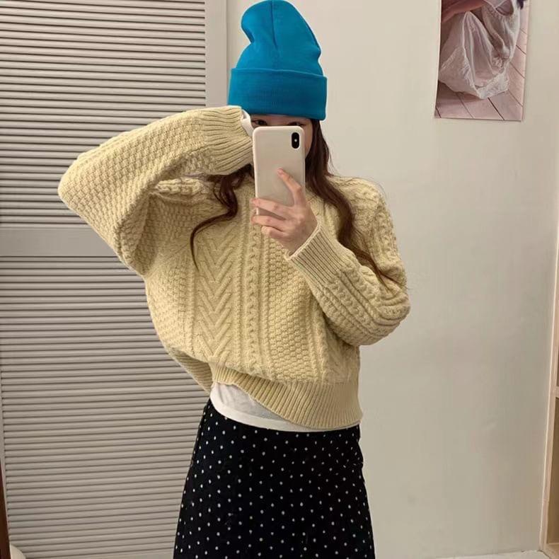 Crew Neck Plain Cable Knit Sweater Product Image