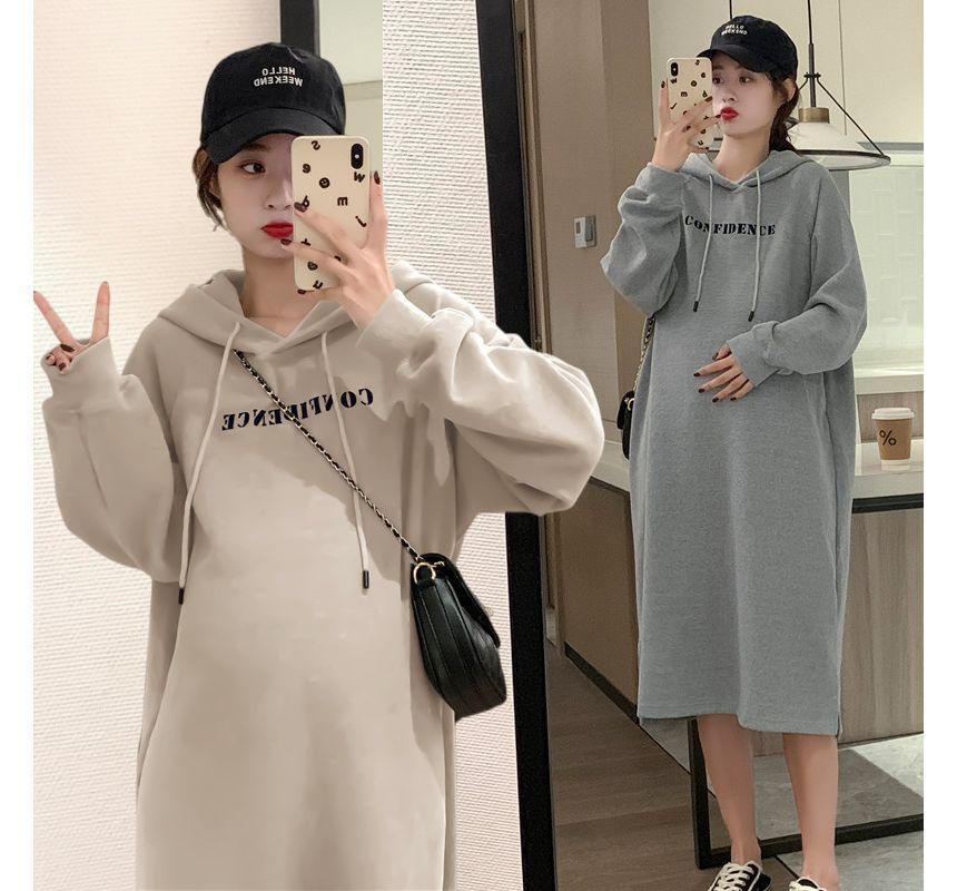 Maternity Long-Sleeve Lettering Midi Hoodie Dress Product Image